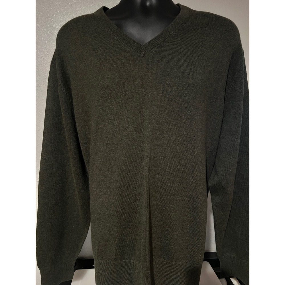 Cremieux V-Neck Sweater Mens XL Green Excellent Cotton Cashmere Elbow Patches